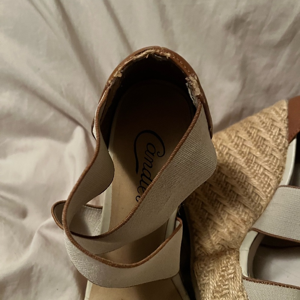 Candie’s Cream and Brown Wedge Sandals - Picture 4 of 7